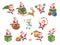 Christmas watercolor illustration set. Santa Claus and new year characters in different poses. Santa is riding a sleigh