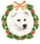 Christmas watercolor illustration, white dog, Samoyed Laika in the decoration of a wreath of fir branches