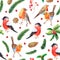 Christmas watercolor seamless pattern. Bullfinch. Winter Robin bird with red breast feathers.Seamless pattern on white