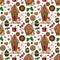 Christmas watercolor seamless pattern in cartoon style. Lollipops, candy, gingerbread houses, snowman, cupcakes, festive