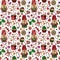 Christmas watercolor seamless pattern in cartoon style. Lollipops, candy, Santa, bows, berries, cupcakes, festive background.