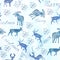 Christmas watercolor seamless pattern. Deer and lettering