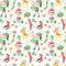 Christmas watercolor seamless pattern with elf boy,Deer,Holly,Bullfinch,gingerbread,gift box,green leaves,sock,pine on