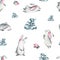 Christmas watercolor seamless pattern with forest animals, new year trees, forest, train, winter, holiday