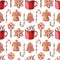 Christmas watercolor seamless pattern with gingerbreads, red mug, lollypop and candy canes.