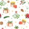 Christmas watercolor seamless pattern.Red poinsettia flower,Holly,mistletoe,pine cone,green spruce,gift on white