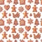 Christmas watercolor seamless pattern traditional gingerbreads bird, small house, girl, boy, snowflake, heart, Christmas tree.