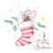 Christmas watercolor stocking with leaves and branck and tree cone. Christmas and merry chistmas quote, template the design of