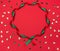 Christmas wavy ribbon round frame on red background.
