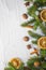 Christmas white background fresh twigs conifer tree dried citrus