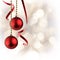 Christmas white background with red balls and ribbon hanging square