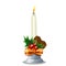 Christmas white burning candle, holiday decoration