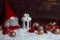 Christmas white candle lantern with Xmas dwarf background copy