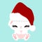 Christmas white fluffy cute bunny. Childrens character. New Year poster. Pet in a Santa Claus hat.