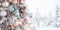 Christmas white tree decoration with toys, panoramic photo, the second part of the photo is a snowy forest in defocus,