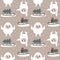 Christmas wild winter vector cute seamless pattern with Yeti characters, Bigfoot, stones, sleigh, christmas tree, gifts in