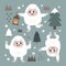 Christmas wild winter vector cute set with Yeti characters, Bigfoot, stones, snow, christmas tree, a warming candle