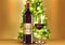 Christmas wine glass with wine bottle and blurred christmas tree