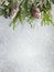 Christmas or winter background with a border of green and frosted evergreen branches and pine cones on a grey vintage board. Flat