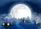 Christmas Winter Big Full Moon Night Landscape with Small Houses