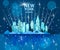 Christmas winter city vector background with snow, skyscrapers, stars, night sky, water reflection.
