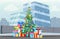 Christmas winter cityscape fir tree and gifts