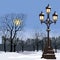 Christmas Winter Cityscape with luminous street lamp, snow flake
