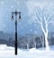 Christmas Winter Cityscape with luminous street light, snow