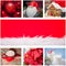 Christmas winter collage of seven photos. Christmas red balls, mug of cocoa with marshmallows, gnomes, glasses of milk, Christmas