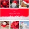 Christmas winter collage of seven photos. Christmas red balls, mug of cocoa with marshmallows, gnomes, glasses of milk, Christmas