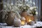 Christmas winter flower decor in wicker baskets