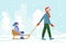 Christmas winter illustration. Father drags a sled with his son across the snow.  A man wears a cap of Santa Claus and red mittens