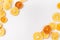 Christmas  winter  new year composition. Slices of dry oranges on white background. Natural Citrus fruits pattern.