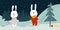 Christmas Winter night forest landscape with Hares. Kids characters with skis and sledges