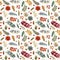 Christmas winter seamless pattern with flowers, leaves, branch, berries, poinsettia.