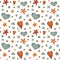 Christmas winter seamless pattern with hearts, snowflakes, balls and stars.