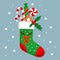 Christmas winter sock. Stocking or boot. Santa present with apple, sweets and ribbon. Happy child gift. Snowflakes and
