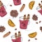 Christmas winter spice. Decorative seamless pattern with spices and ingredients for mulled wine. Orange, cranberry, cinnamon, star