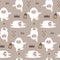 Christmas winter vector cute seamless pattern with Yeti characters, Bigfoot, stones, a warming candle, lantern in