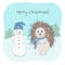 Christmas and winter vector illustration with lovely hedgehog, snowman and Merry Christmas phrase.