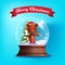 Christmas winter vector postcard with snow crystal ball, cute teddy bear, bullfinch, pine tree.