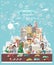 Christmas wishes from Portugal. Modern vector greeting card in flat style with snowflakes, winter city, decorations, cars and happ