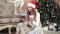 Christmas Woman dressed white sweater Santa hat sitting on floor near Christmas tree wrapped herself blanket