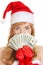 Christmas woman holding dollars banknotes