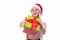 Christmas woman holding giving gift excited pointing. Happy smiling woman in santa hat giving you a present being joyful, fresh an