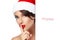 Christmas Woman in Santa Hat doing a Hush Sign