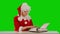 Christmas woman using mechanical typing machine for congratulation Merry Christmas and Happy New Year to you. Cheerful