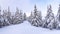 Christmas wonderland. Winter landscape. Magical forest. Meadow covered with frost trees in the snowdrifts. Snowy wallpaper