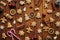 Christmas wooden background with gingerbreads, cinnamon a decorations
