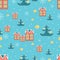 Christmas wrapping paper background with Dutch Houses, Christmas tree and Snow on retro blue background. Vector illustration.